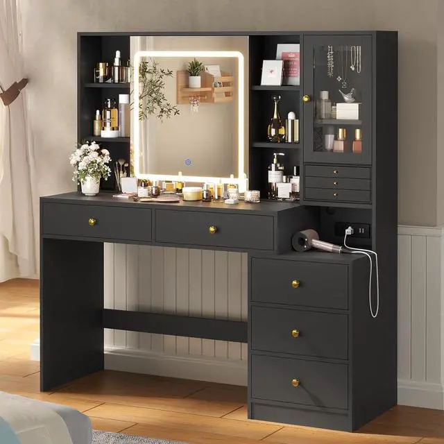 Alt view image 5 of 7 - Makeup Vanity Desk with Lighted Sliding Mirror & Jewelry Organizer, Makeup Dressing Table with 5 Drawers, Modern Black