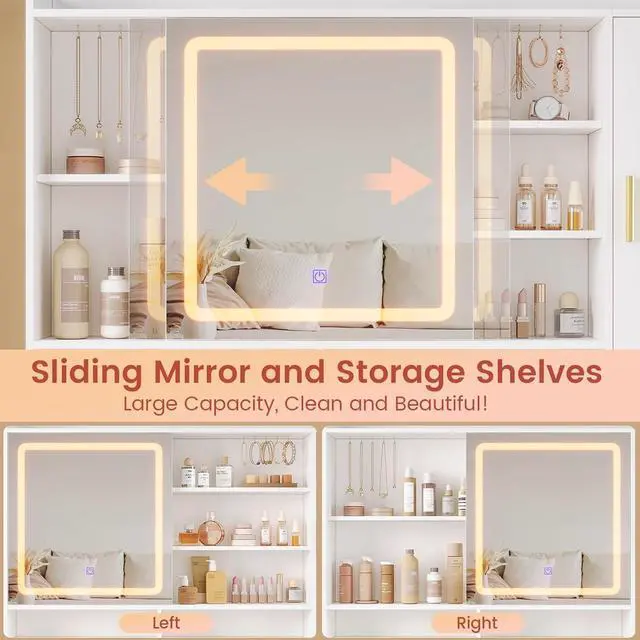 Alt view image 6 of 7 - Makeup Vanity Desk with Sliding LED Lighted Mirror, 47.2"W Large Vanity Desk with Drawers, Shelves and Side Storage, RGB Glass Cabinet, White Vanity Table Set with Charging Station for Bedroom