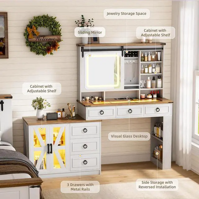 Alt view image 2 of 7 - Farmhouse Vanity Desk with Sliding Mirror and Lights, Glass Top Dressing Table with Jewelry Storage, 60" W Large Makeup Vanity Set with 6 Drawers, 10 Shelves & Adjustable Cabinet (White)