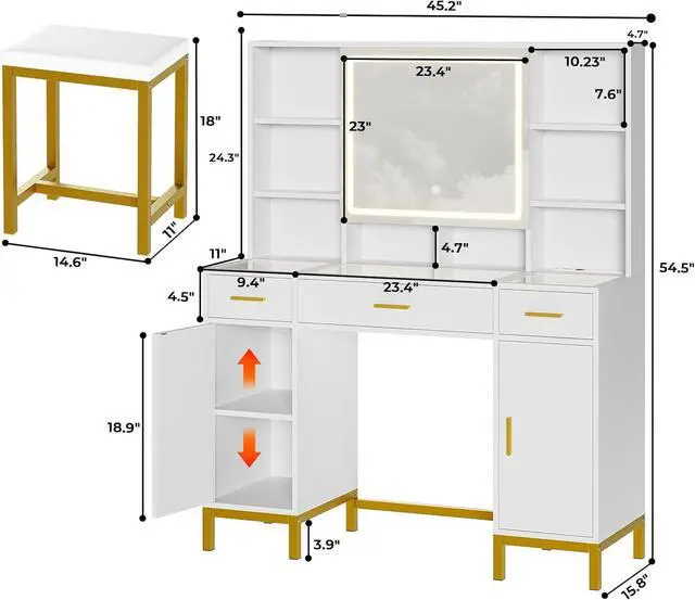 Alt view image 6 of 7 - Vanity Desk with Openable Mirror and Lights, Glass Tabletop Makeup Vanity Set with Charging Station, White Vanity Table with 3 Drawers & 2 Cabinets, DIY Drawer Dividers, Hidden Hooks