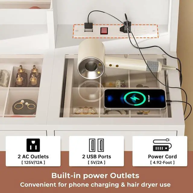 Alt view image 3 of 7 - Vanity Desk with Openable Mirror and Lights, Glass Tabletop Makeup Vanity Set with Charging Station, White Vanity Table with 3 Drawers & 2 Cabinets, DIY Drawer Dividers, Hidden Hooks