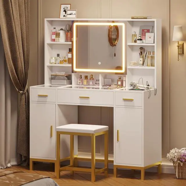 Main image of Vanity Desk with Openable Mirror and Lights, Glass Tabletop Makeup Vanity Set with Charging Station, White Vanity Table with 3 Drawers & 2 Cabinets, DIY Drawer Dividers, Hidden Hooks