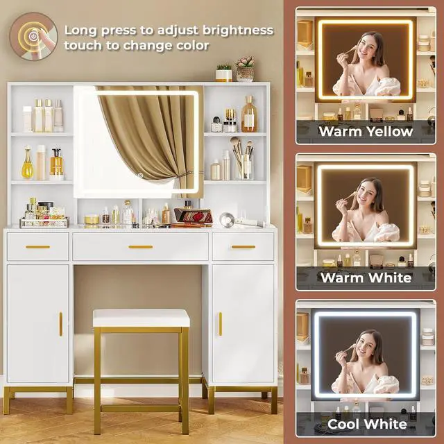 Alt view image 4 of 7 - Vanity Desk with Openable Mirror and Lights, Glass Tabletop Makeup Vanity Set with Charging Station, White Vanity Table with 3 Drawers & 2 Cabinets, DIY Drawer Dividers, Hidden Hooks