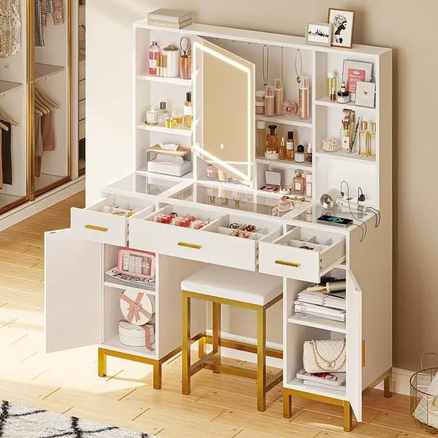 Alt view image 2 of 7 - Vanity Desk with Openable Mirror and Lights, Glass Tabletop Makeup Vanity Set with Charging Station, White Vanity Table with 3 Drawers & 2 Cabinets, DIY Drawer Dividers, Hidden Hooks