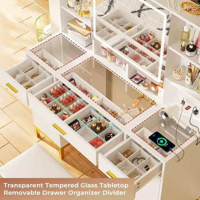 Alt view image 5 of 7 - Vanity Desk with Openable Mirror and Lights, Glass Tabletop Makeup Vanity Set with Charging Station, White Vanity Table with 3 Drawers & 2 Cabinets, DIY Drawer Dividers, Hidden Hooks