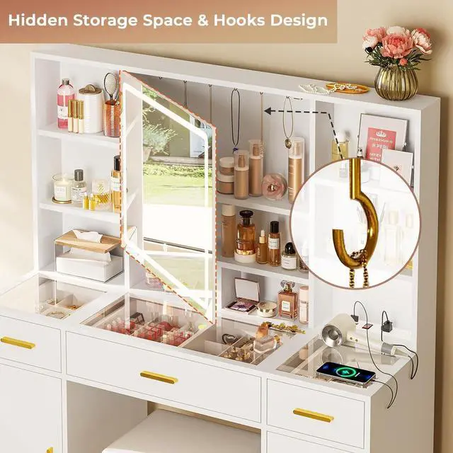 Alt view image 7 of 7 - Vanity Desk with Openable Mirror and Lights, Glass Tabletop Makeup Vanity Set with Charging Station, White Vanity Table with 3 Drawers & 2 Cabinets, DIY Drawer Dividers, Hidden Hooks