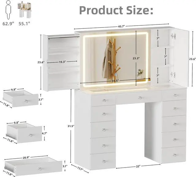 Alt view image 2 of 7 - Vanity Set with Lighted Mirror, Large Vanity Desk with Charging Station, Makeup Vanity Table with 11 Drawers & Hidden Sliding Storage Cabinet & Visible Glass Tabletop for Bedroom (White)