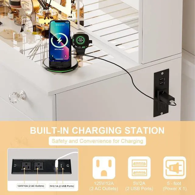 Alt view image 5 of 7 - Vanity Set with Lighted Mirror, Large Vanity Desk with Charging Station, Makeup Vanity Table with 11 Drawers & Hidden Sliding Storage Cabinet & Visible Glass Tabletop for Bedroom (White)