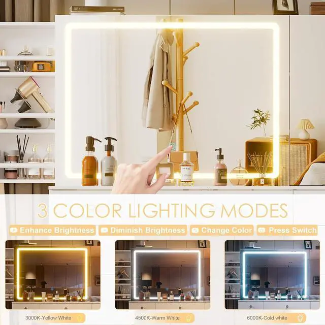 Alt view image 4 of 7 - Vanity Set with Lighted Mirror, Large Vanity Desk with Charging Station, Makeup Vanity Table with 11 Drawers & Hidden Sliding Storage Cabinet & Visible Glass Tabletop for Bedroom (White)