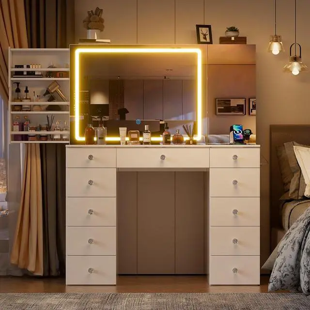 Alt view image 3 of 7 - Vanity Set with Lighted Mirror, Large Vanity Desk with Charging Station, Makeup Vanity Table with 11 Drawers & Hidden Sliding Storage Cabinet & Visible Glass Tabletop for Bedroom (White)