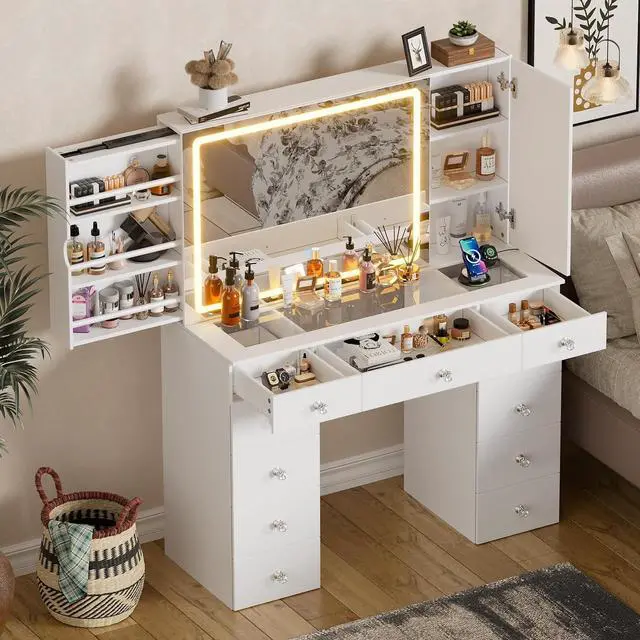 Alt view image 7 of 7 - Vanity Set with Lighted Mirror, Large Vanity Desk with Charging Station, Makeup Vanity Table with 11 Drawers & Hidden Sliding Storage Cabinet & Visible Glass Tabletop for Bedroom (White)
