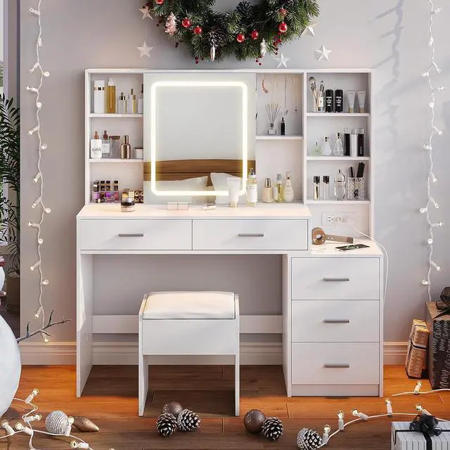Main image of Makeup Vanity with LED Lighted Sliding Mirror, White Vanity Desk with 5 Drawers, Charging Station & Hidden Storage Shelves, Adjustable Brightness, Dressing Table Stool Set for Bedroom