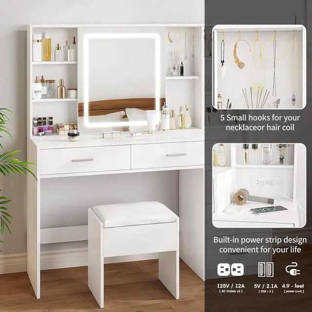 Alt view image 4 of 7 - Makeup Vanity with LED Lighted Sliding Mirror, White Vanity Desk with 5 Drawers, Charging Station & Hidden Storage Shelves, Adjustable Brightness, Dressing Table Stool Set for Bedroom