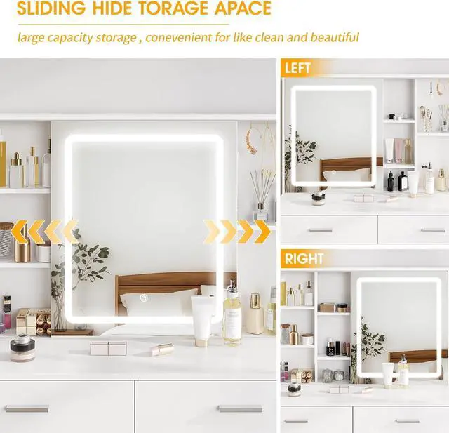 Alt view image 5 of 7 - Makeup Vanity with LED Lighted Sliding Mirror, White Vanity Desk with 5 Drawers, Charging Station & Hidden Storage Shelves, Adjustable Brightness, Dressing Table Stool Set for Bedroom