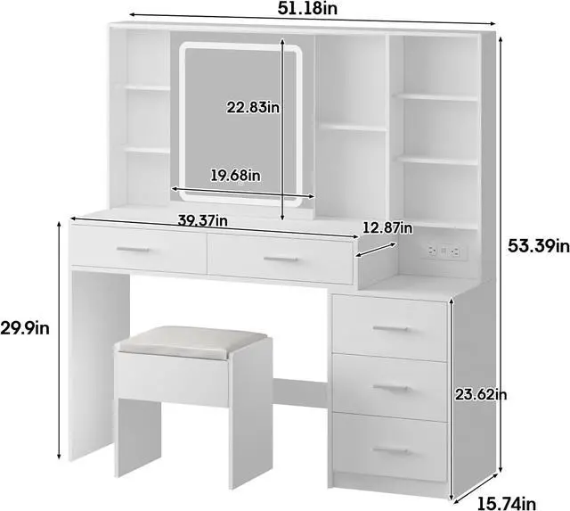 Alt view image 7 of 7 - Makeup Vanity with LED Lighted Sliding Mirror, White Vanity Desk with 5 Drawers, Charging Station & Hidden Storage Shelves, Adjustable Brightness, Dressing Table Stool Set for Bedroom