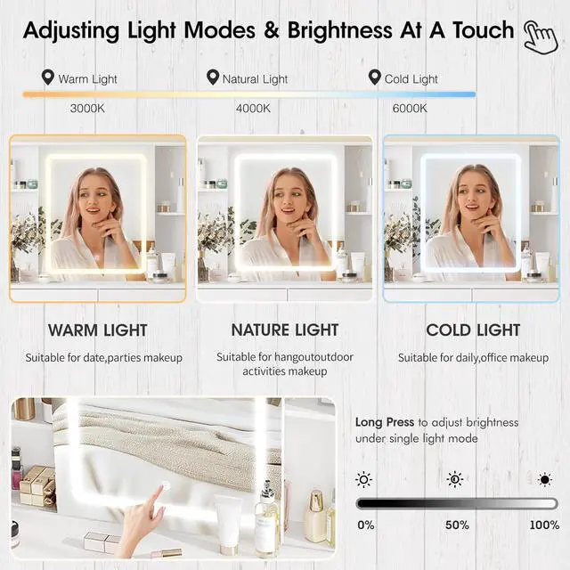 Alt view image 3 of 7 - Makeup Vanity with LED Lighted Sliding Mirror, White Vanity Desk with 5 Drawers, Charging Station & Hidden Storage Shelves, Adjustable Brightness, Dressing Table Stool Set for Bedroom