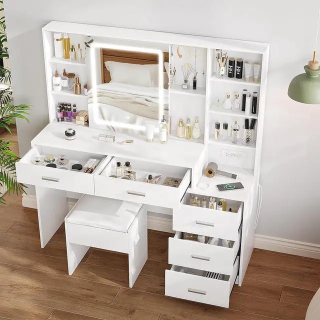 Alt view image 2 of 7 - Makeup Vanity with LED Lighted Sliding Mirror, White Vanity Desk with 5 Drawers, Charging Station & Hidden Storage Shelves, Adjustable Brightness, Dressing Table Stool Set for Bedroom
