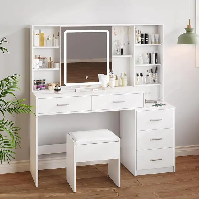 Alt view image 6 of 7 - Makeup Vanity with LED Lighted Sliding Mirror, White Vanity Desk with 5 Drawers, Charging Station & Hidden Storage Shelves, Adjustable Brightness, Dressing Table Stool Set for Bedroom