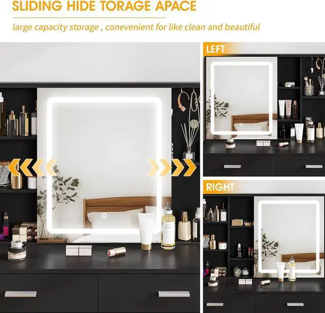 Alt view image 4 of 7 - Makeup Vanity with LED Lighted Sliding Mirror, Black Vanity Desk with 5 Drawers, Charging Station & Hidden Storage Shelves, Adjustable Brightness, Dressing Table Stool Set for Bedroom