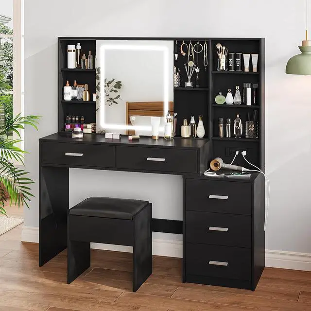Alt view image 6 of 7 - Makeup Vanity with LED Lighted Sliding Mirror, Black Vanity Desk with 5 Drawers, Charging Station & Hidden Storage Shelves, Adjustable Brightness, Dressing Table Stool Set for Bedroom