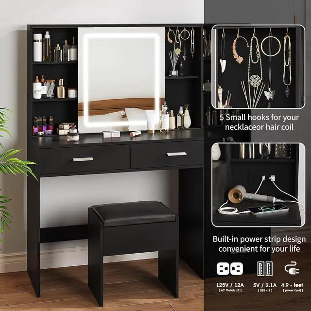 Alt view image 5 of 7 - Makeup Vanity with LED Lighted Sliding Mirror, Black Vanity Desk with 5 Drawers, Charging Station & Hidden Storage Shelves, Adjustable Brightness, Dressing Table Stool Set for Bedroom