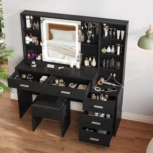Alt view image 2 of 7 - Makeup Vanity with LED Lighted Sliding Mirror, Black Vanity Desk with 5 Drawers, Charging Station & Hidden Storage Shelves, Adjustable Brightness, Dressing Table Stool Set for Bedroom