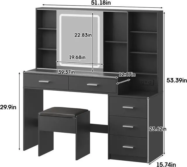 Alt view image 7 of 7 - Makeup Vanity with LED Lighted Sliding Mirror, Black Vanity Desk with 5 Drawers, Charging Station & Hidden Storage Shelves, Adjustable Brightness, Dressing Table Stool Set for Bedroom