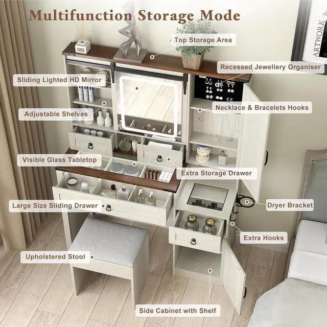 Alt view image 5 of 7 - Farmhouse Makeup Vanity Desk with Sliding Mirror and Lights, 42" Glass Top Vanity Table with Charging Station & 4 Drawers & 2 Cabinets, White Vanity Set for Bedroom, Dressing Table with Stool