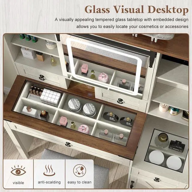 Alt view image 2 of 7 - Farmhouse Makeup Vanity Desk with Sliding Mirror and Lights, 42" Glass Top Vanity Table with Charging Station & 4 Drawers & 2 Cabinets, White Vanity Set for Bedroom, Dressing Table with Stool