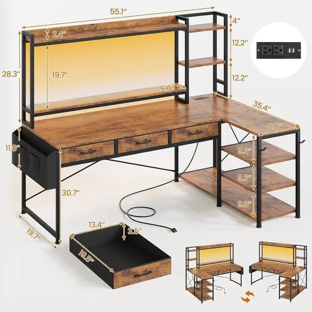 Alt view image 2 of 7 - 55" L Shaped Gaming Desk, Black Gaming Desk with Hutch & Power Strip, Corner Computer Desk with Fabric Drawers, Reversible Home Office Desk with LED Lights, Monitor Stand (Rustic Brown)