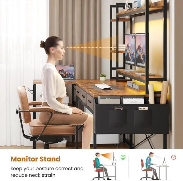Alt view image 6 of 7 - 55" L Shaped Gaming Desk, Black Gaming Desk with Hutch & Power Strip, Corner Computer Desk with Fabric Drawers, Reversible Home Office Desk with LED Lights, Monitor Stand (Rustic Brown)