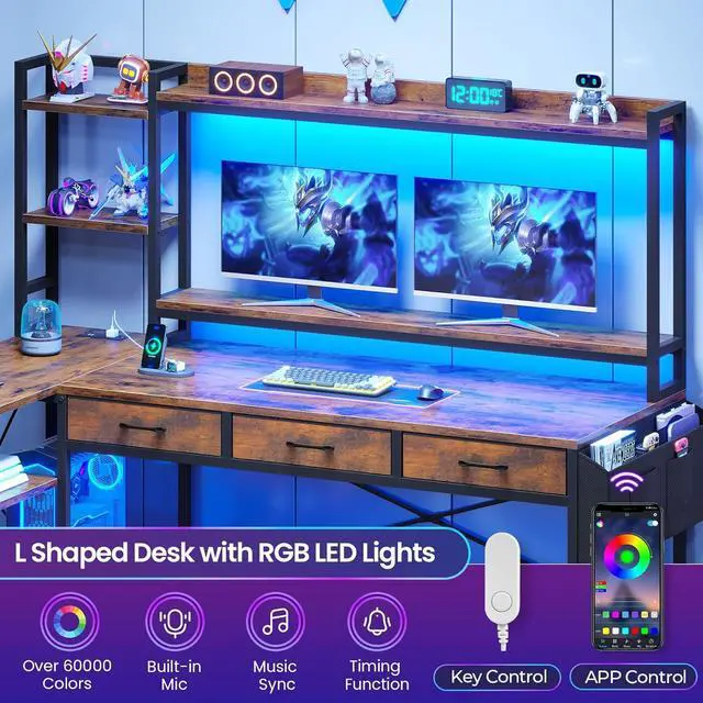 Alt view image 5 of 7 - 55" L Shaped Gaming Desk, Black Gaming Desk with Hutch & Power Strip, Corner Computer Desk with Fabric Drawers, Reversible Home Office Desk with LED Lights, Monitor Stand (Rustic Brown)
