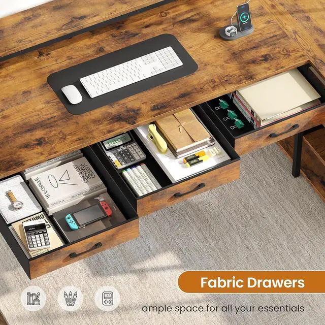 Alt view image 7 of 7 - 55" L Shaped Gaming Desk, Black Gaming Desk with Hutch & Power Strip, Corner Computer Desk with Fabric Drawers, Reversible Home Office Desk with LED Lights, Monitor Stand (Rustic Brown)
