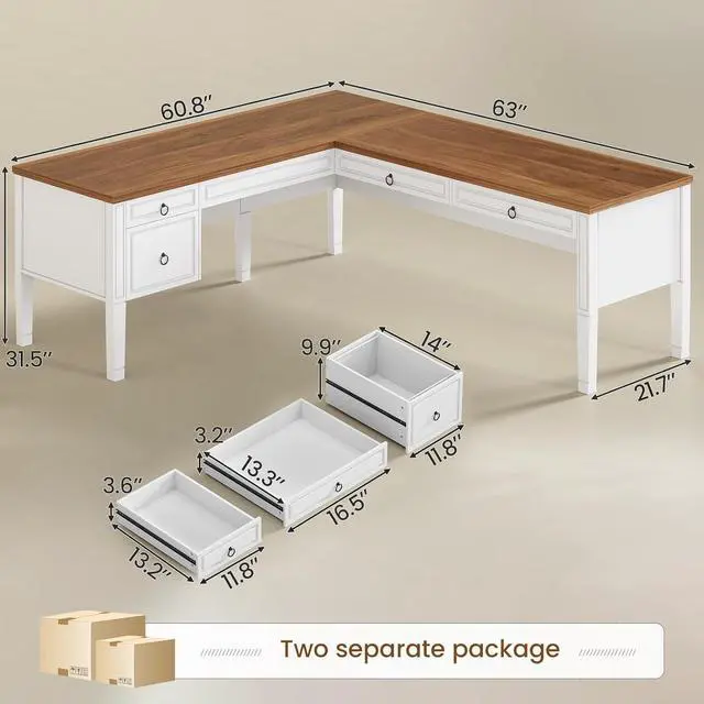 Alt view image 2 of 7 - 63" Executive L Shaped Desk, Home Office Desk with 4 Drawers, Farmhouse Corner Computer Desk with Storage & File Drawers for Home Office, White