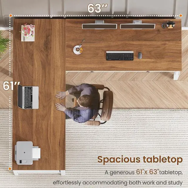 Alt view image 6 of 7 - 63" Executive L Shaped Desk, Home Office Desk with 4 Drawers, Farmhouse Corner Computer Desk with Storage & File Drawers for Home Office, White