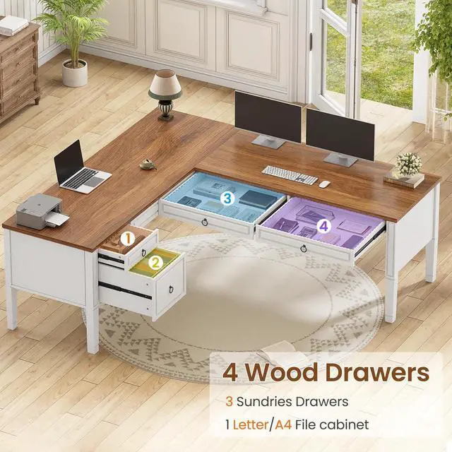 Alt view image 3 of 7 - 63" Executive L Shaped Desk, Home Office Desk with 4 Drawers, Farmhouse Corner Computer Desk with Storage & File Drawers for Home Office, White