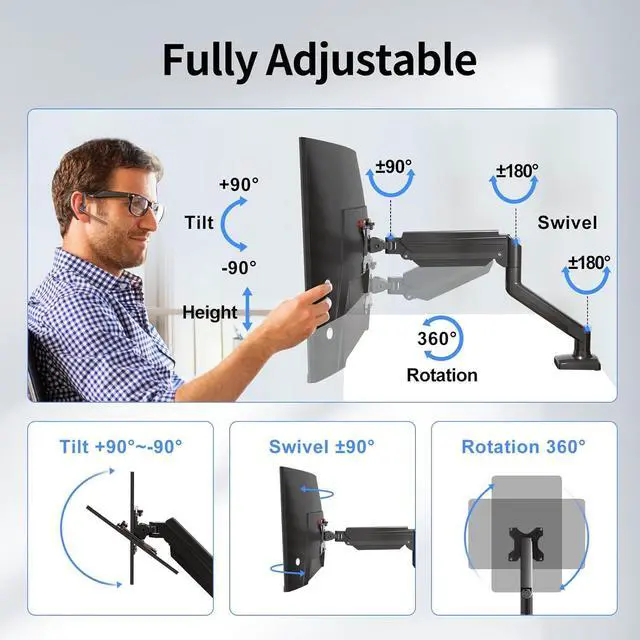 Alt view image 5 of 7 - Single Monitor Mount for 13-32 inch, Adjustable Gas Spring Monitor Arm Desk Mount Stand, 4.4-19.8lbs Screen, with VESA Mount 75x75/100x100mm