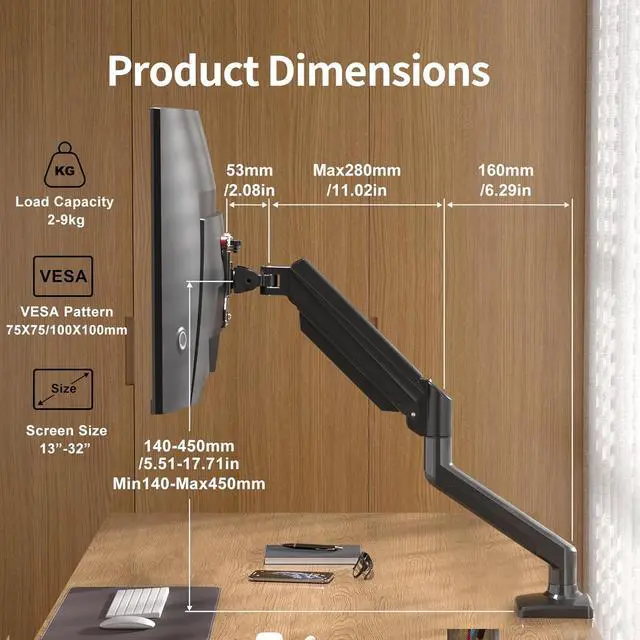 Alt view image 4 of 7 - Single Monitor Mount for 13-32 inch, Adjustable Gas Spring Monitor Arm Desk Mount Stand, 4.4-19.8lbs Screen, with VESA Mount 75x75/100x100mm