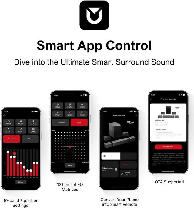 Alt view image 5 of 7 - 7.1Ch Sound Bar with Dolby Atmos, APP Control, Surround Sound System for TV, 4 Wired Surround Speakers, Sound Bar for TV with 6.5" Wireless Subwoofer, Soundbar for TV, Poseidon D80 Upgraded