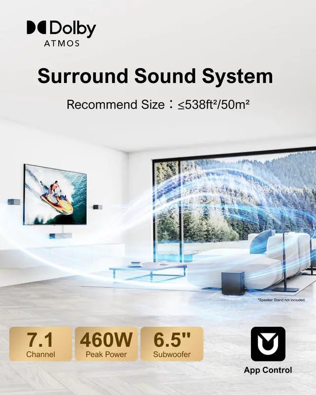 Alt view image 4 of 7 - 7.1Ch Sound Bar with Dolby Atmos, APP Control, Surround Sound System for TV, 4 Wired Surround Speakers, Sound Bar for TV with 6.5" Wireless Subwoofer, Soundbar for TV, Poseidon D80 Upgraded