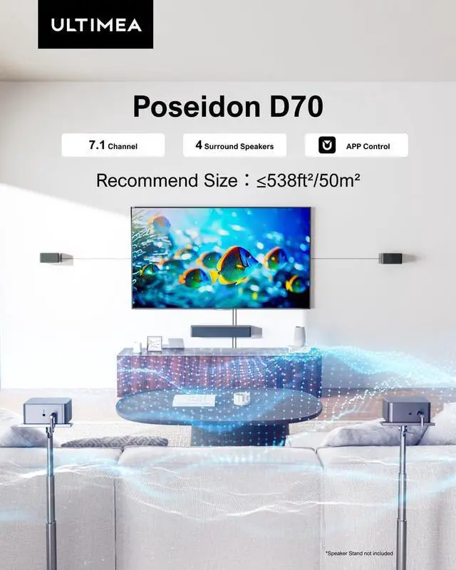Alt view image 2 of 7 - 7.1ch Soundbar with Wireless Subwoofer, Virtual Surround Sound System for TV, App Control, 410W Peak Power, Sound bar for TV, 4 Wired Surround Speakers, Home Theater Sound System Poseidon D70