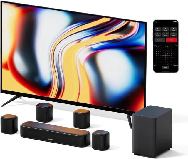 Main image of 7.1ch Virtual Surround Sound Bar, Surround Sound System for TV, Sound Bar for Smart TV with 4 Surround Speakers, Peak Power 330W, App Control, TV Soundbar with Subwoofer, Opt/AUX/BT, Aura A40