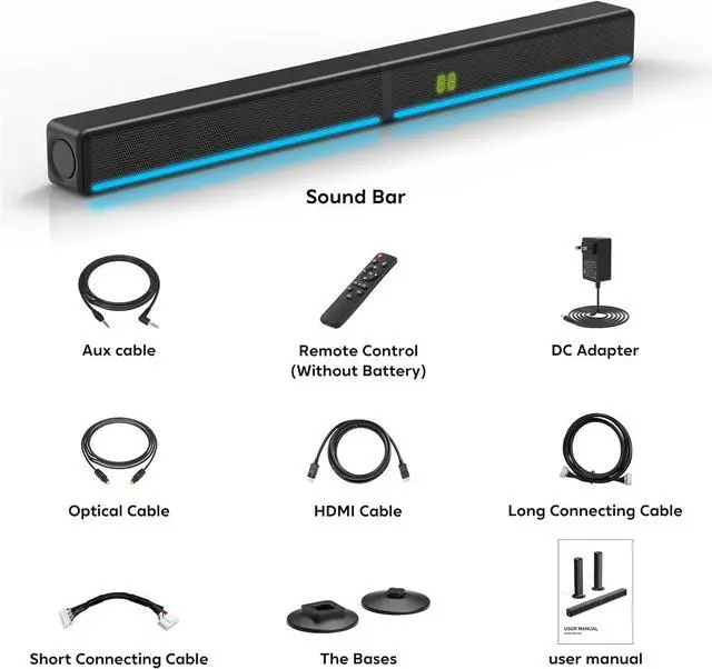 Alt view image 3 of 7 - TV Sound Bar, Soundbar with RGB LED Lights & 2.1CH Bluetooth Speaker Surround System, 180W Surround Sound, AUX/Optical/HDMI ARC Home Theater Speaker, 2 in 1 Detachable for Smart TV/Projector/Gaming/PC