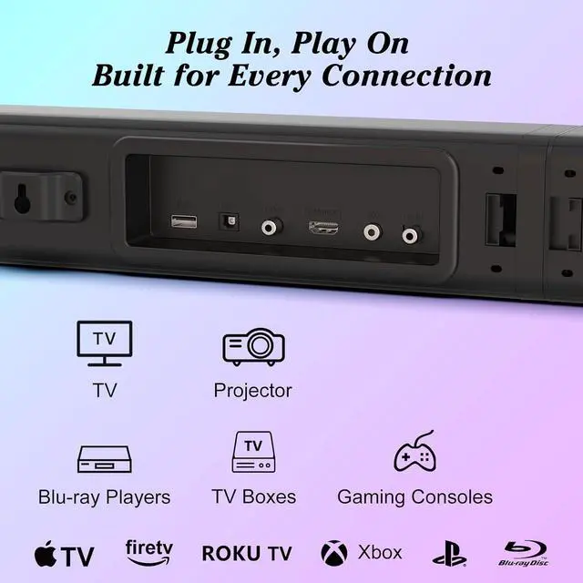 Alt view image 6 of 7 - TV Sound Bar, Soundbar with RGB LED Lights & 2.1CH Bluetooth Speaker Surround System, 180W Surround Sound, AUX/Optical/HDMI ARC Home Theater Speaker, 2 in 1 Detachable for Smart TV/Projector/Gaming/PC