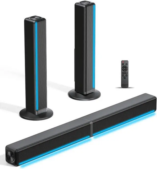 Main image of TV Sound Bar, Soundbar with RGB LED Lights & 2.1CH Bluetooth Speaker Surround System, 180W Surround Sound, AUX/Optical/HDMI ARC Home Theater Speaker, 2 in 1 Detachable for Smart TV/Projector/Gaming/PC