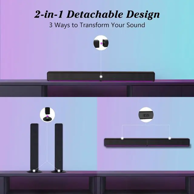 Alt view image 7 of 7 - TV Sound Bar, Soundbar with RGB LED Lights & 2.1CH Bluetooth Speaker Surround System, 180W Surround Sound, AUX/Optical/HDMI ARC Home Theater Speaker, 2 in 1 Detachable for Smart TV/Projector/Gaming/PC
