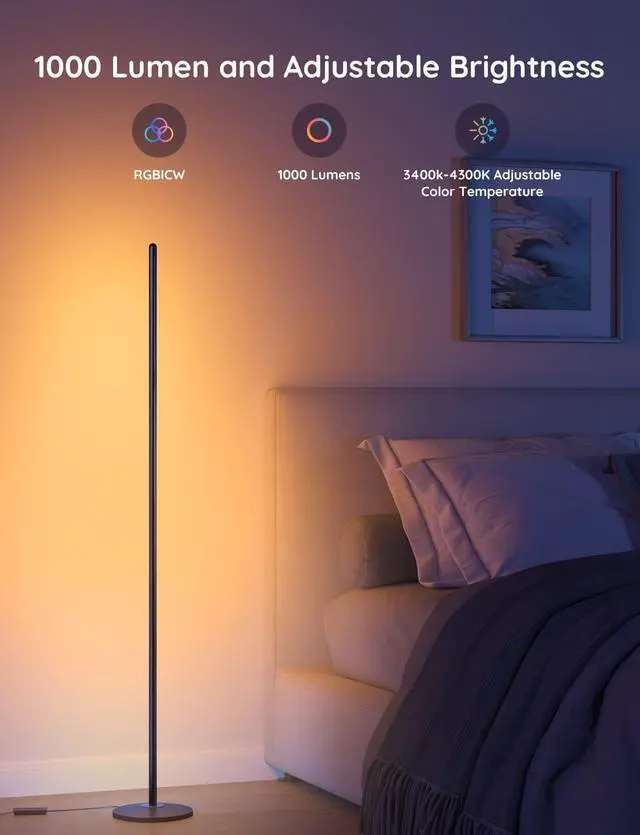 Alt view image 5 of 7 - RGBIC Floor Lamp, LED Corner Lamp Works with Alexa, 1000 Lumen Smart Modern Floor Lamp with Music Sync and 16 Million DIY Colors, Color Changing Standing Floor Lamp for Bedroom Living Room Black