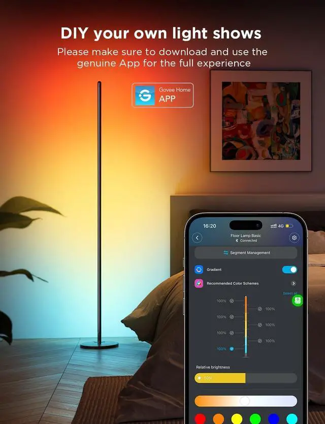 Alt view image 4 of 7 - RGBIC Floor Lamp, LED Corner Lamp Works with Alexa, 1000 Lumen Smart Modern Floor Lamp with Music Sync and 16 Million DIY Colors, Color Changing Standing Floor Lamp for Bedroom Living Room Black