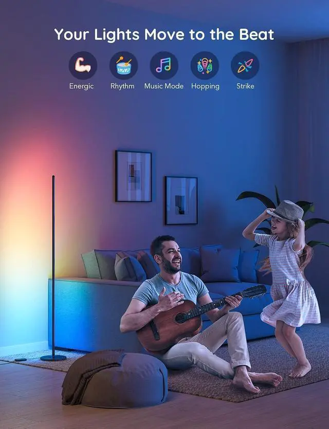 Alt view image 7 of 7 - RGBIC Floor Lamp, LED Corner Lamp Works with Alexa, 1000 Lumen Smart Modern Floor Lamp with Music Sync and 16 Million DIY Colors, Color Changing Standing Floor Lamp for Bedroom Living Room Black