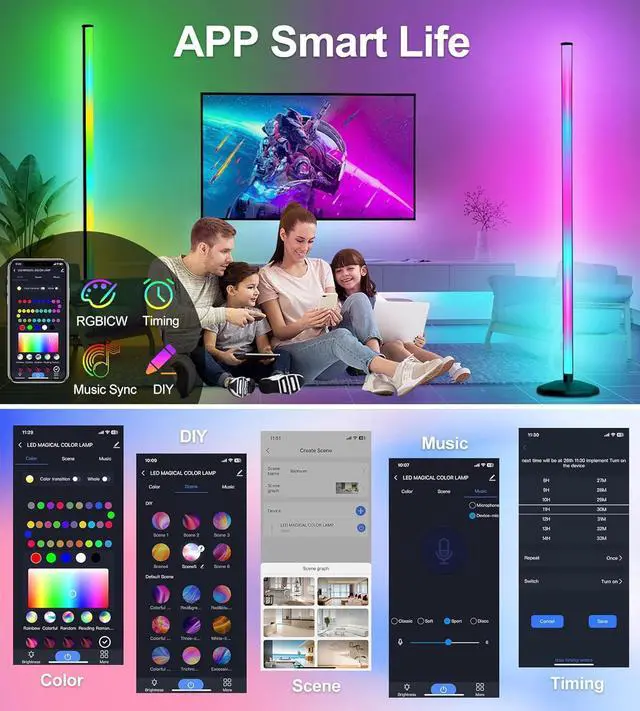Alt view image 5 of 7 - Corner Floor Lamp, RGB Warm Cool White LED Floor lamp with Remote Control & APP,2024 Thicker Modern Floor Lamp with Music Sync & DIY Scene,16 Million Color Changing Floor Lamp for Living Room